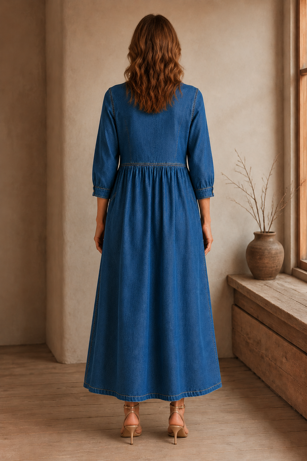 Long Sleeve Denim Maxi Dress back view