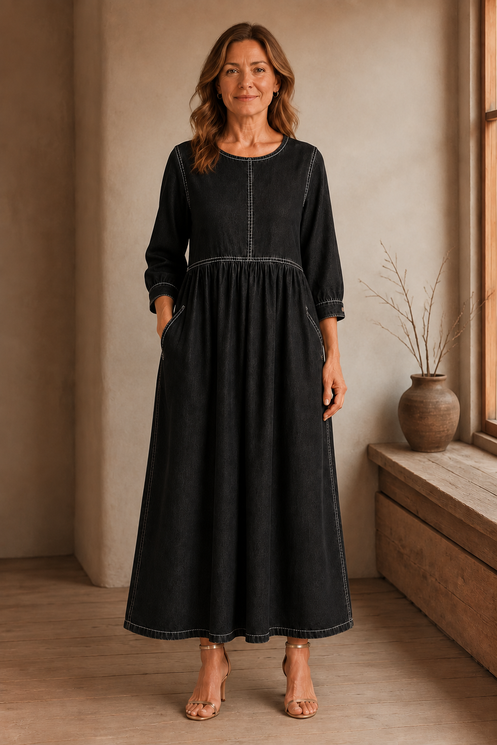Long Sleeve Denim Maxi Dress - Black