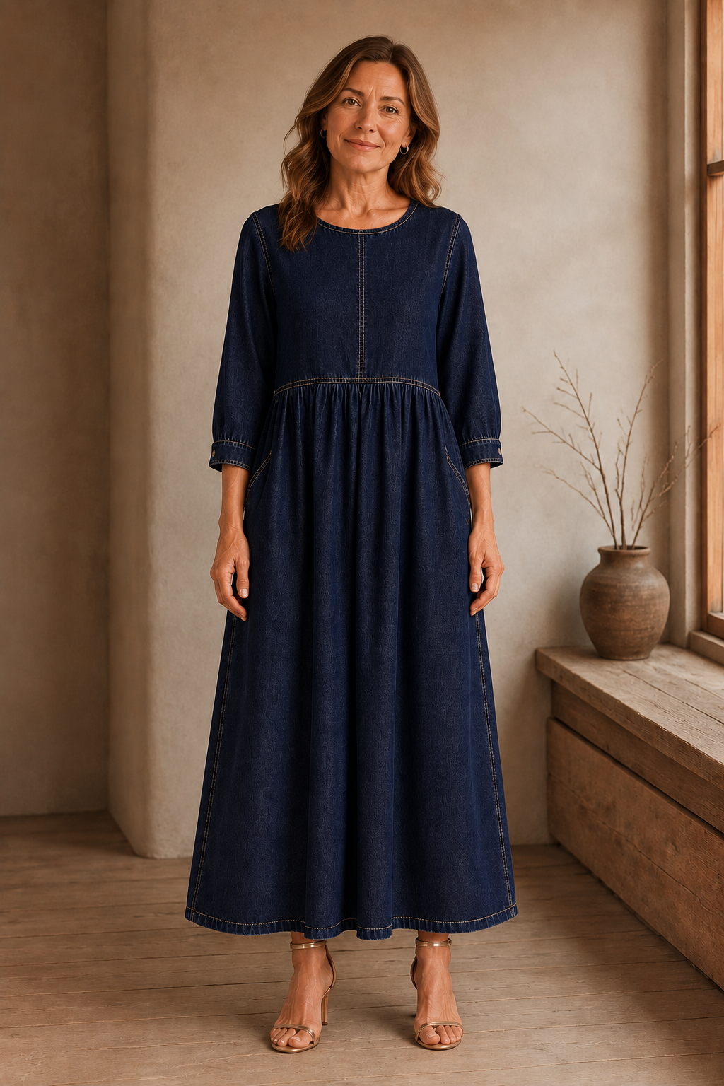 Long Sleeve Denim Maxi Dress - Navy