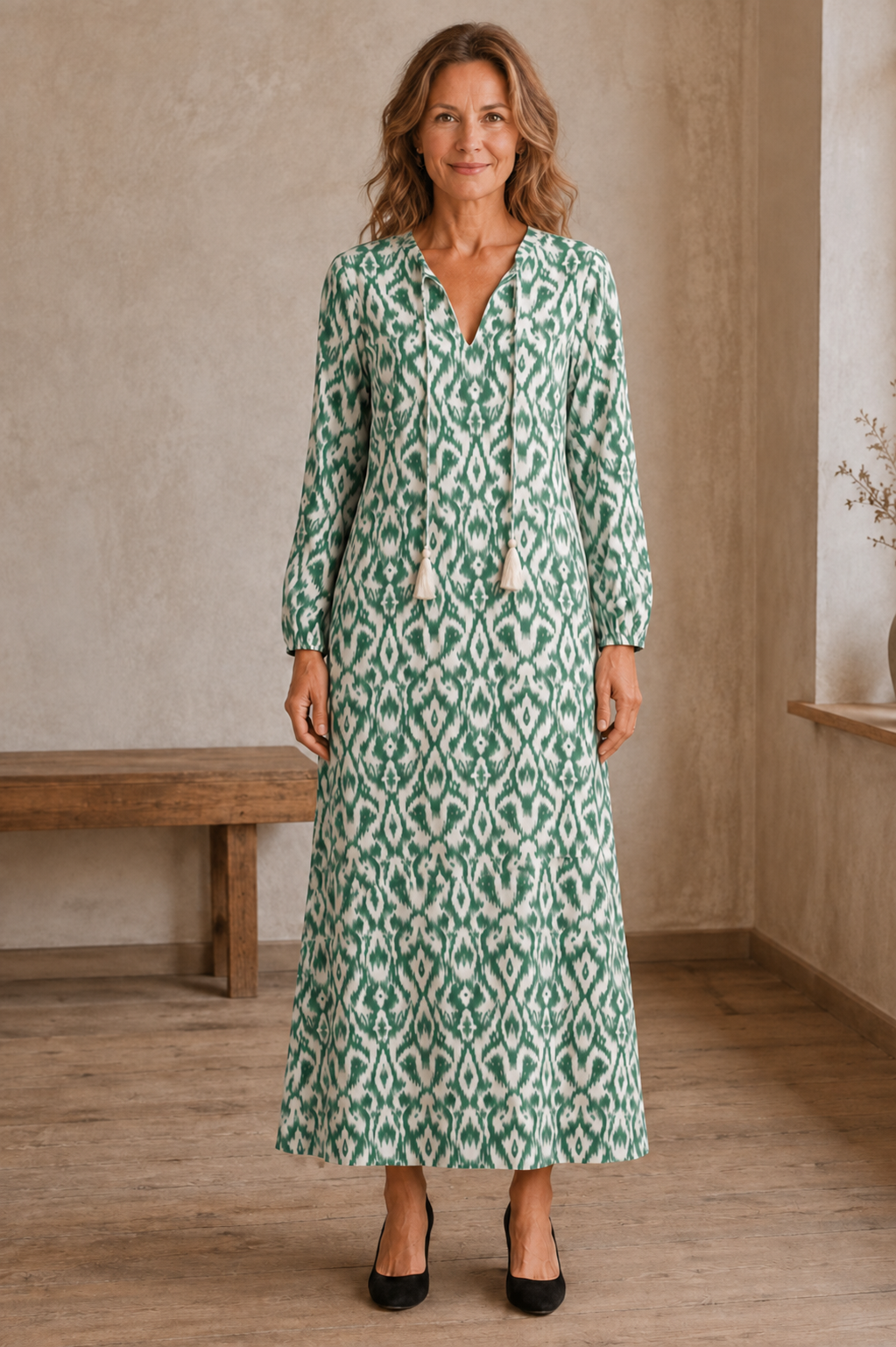 Long Sleeve Printed Maxi Dress - Green