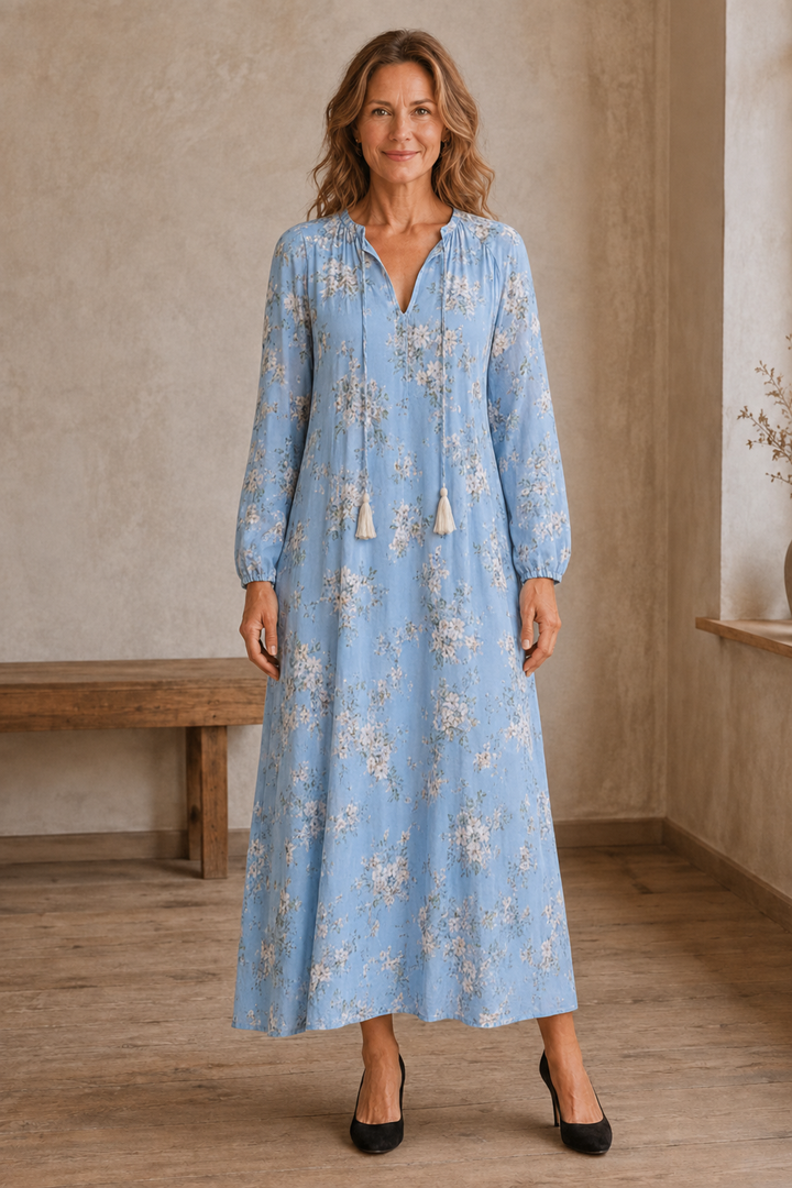 Long Sleeve Printed Maxi Dress - Light Blue