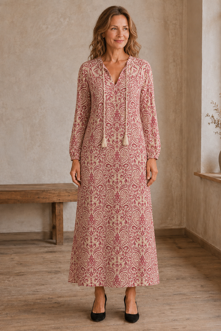 Long Sleeve Printed Maxi Dress - Red