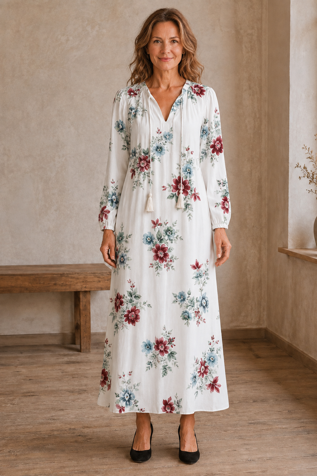 Long Sleeve Printed Maxi Dress - White
