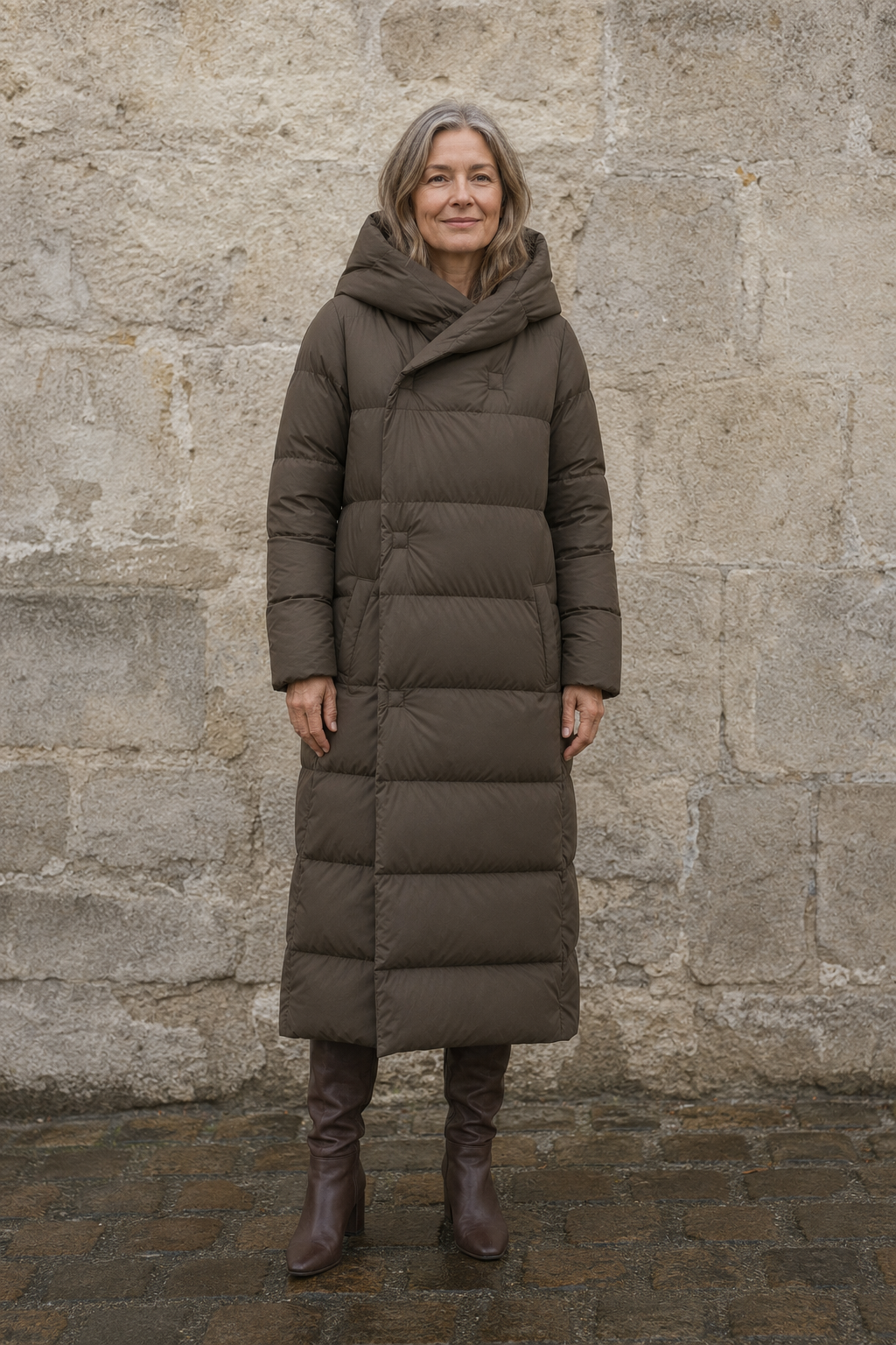 Longline hooded down parka closed