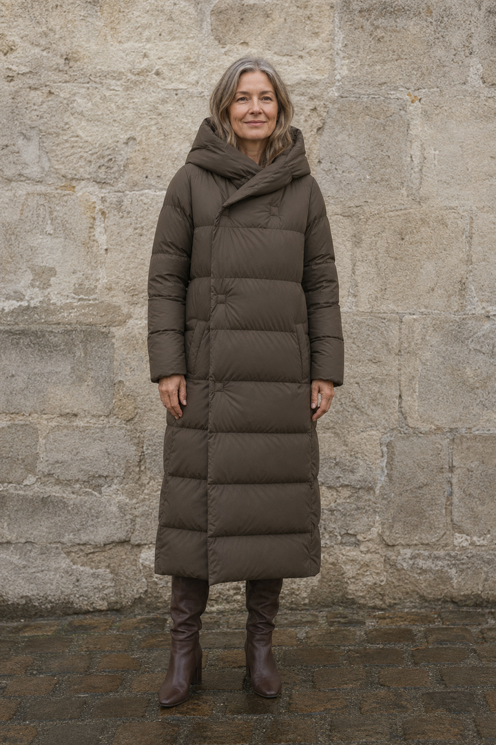 Longline hooded down parka closed
