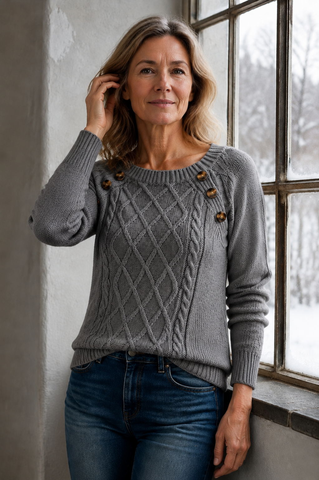 Madison | Square Neck Button Cable Knit Sweater - Dark Gray