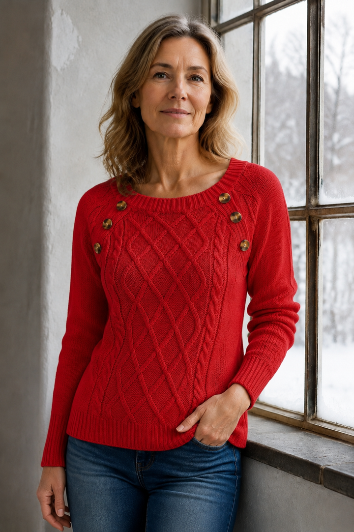 Madison | Square Neck Button Cable Knit Sweater - Red