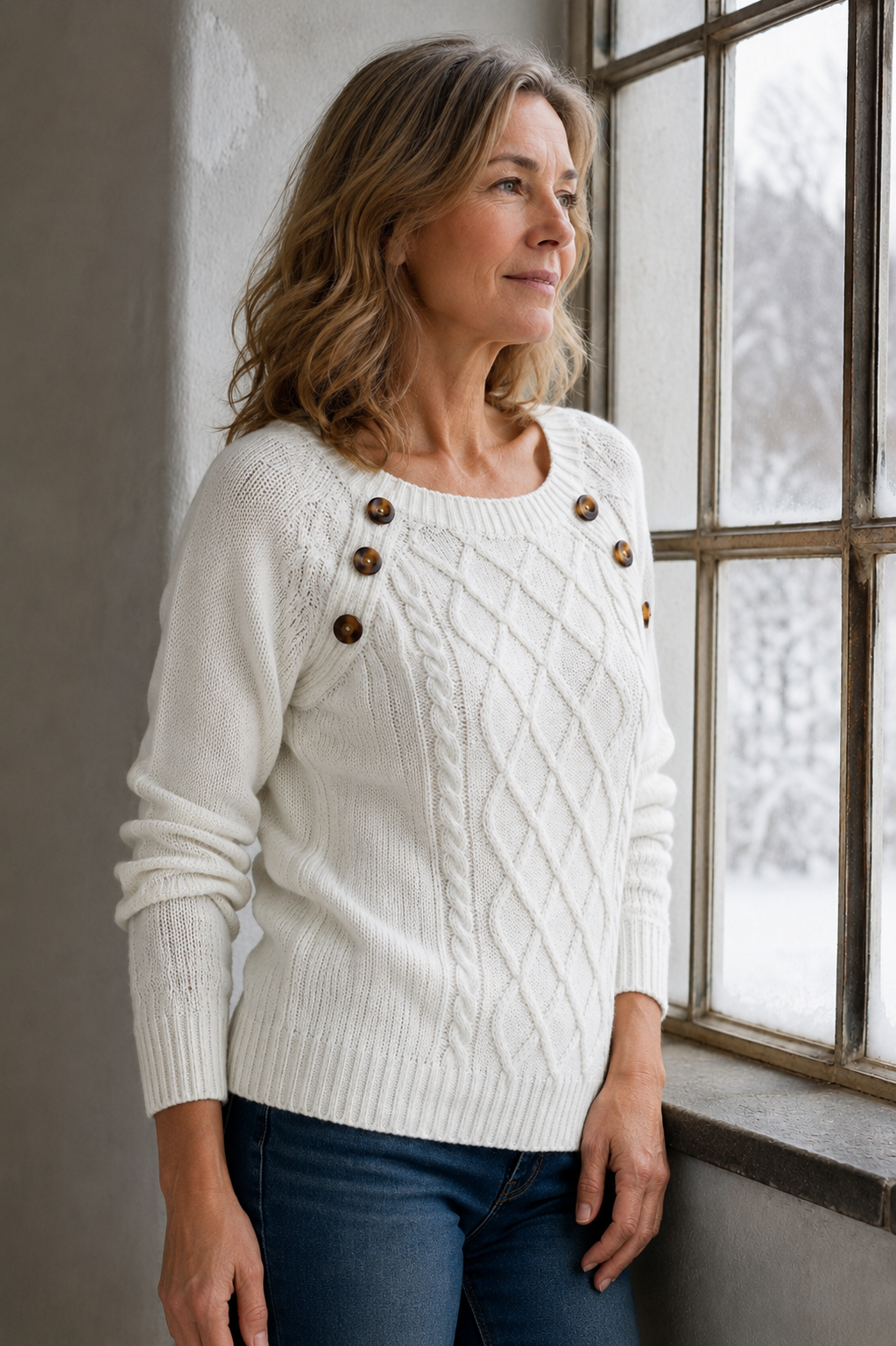Madison | Square Neck Button Cable Knit Sweater - White