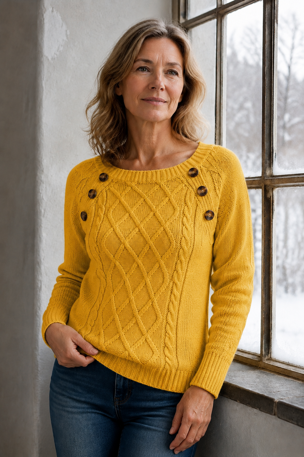 Madison | Square Neck Button Cable Knit Sweater - Yellow