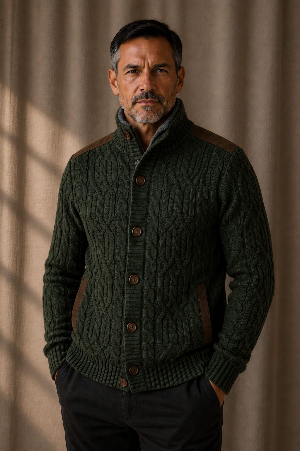 Wool Blend Fleece Lined Cardigan - Green