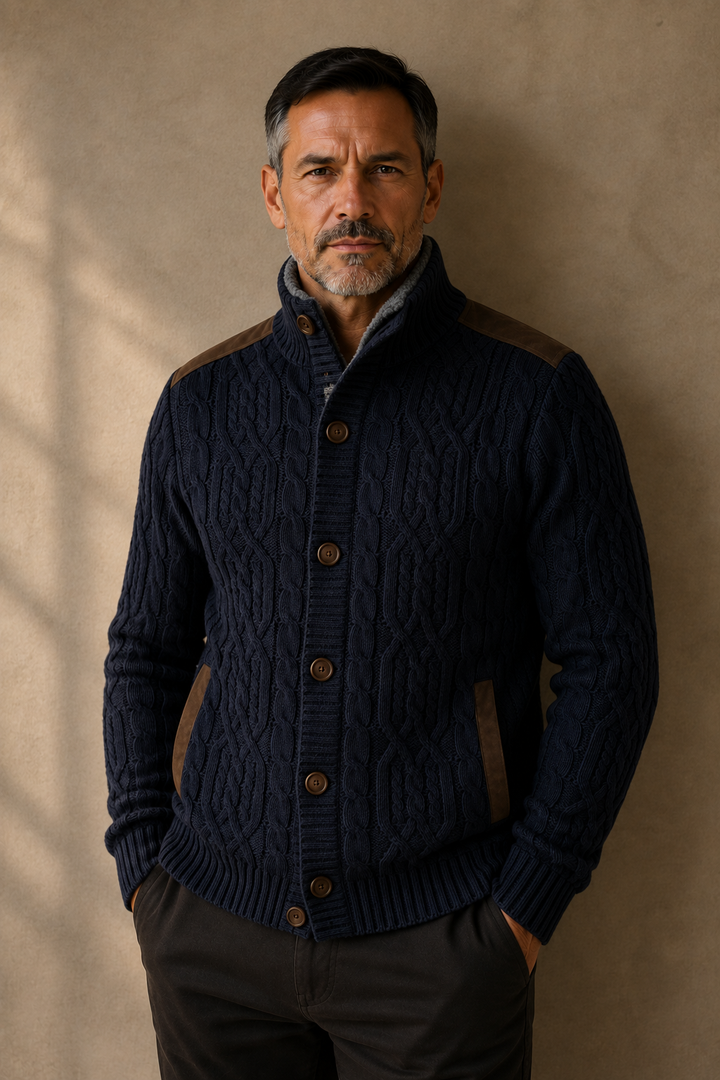 Wool Blend Fleece Lined Cardigan - Navy Blue