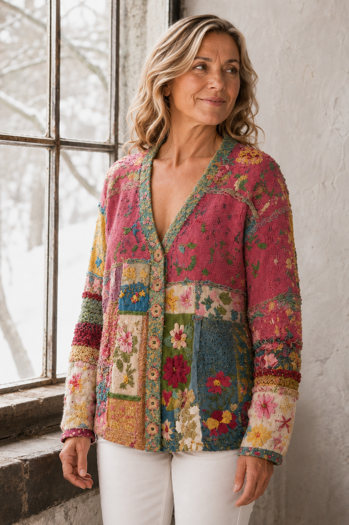 Marianne | Floral Embroidered Patchwork Cardigan - Pink