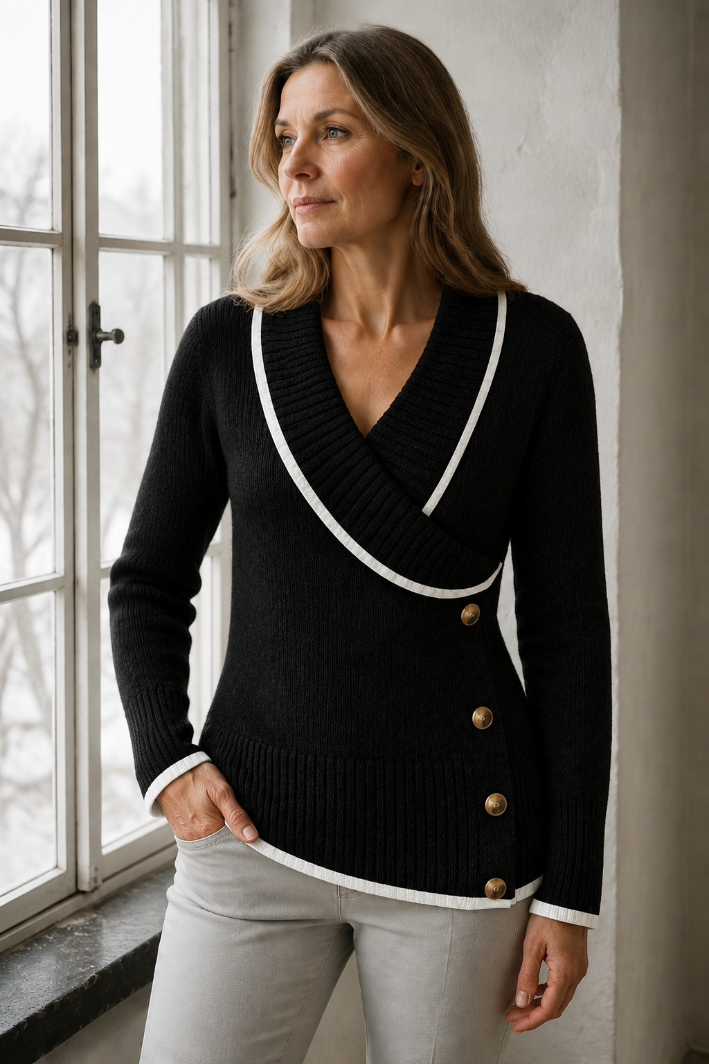 Marjorie | Colour Block V-Neck Sweater - Black