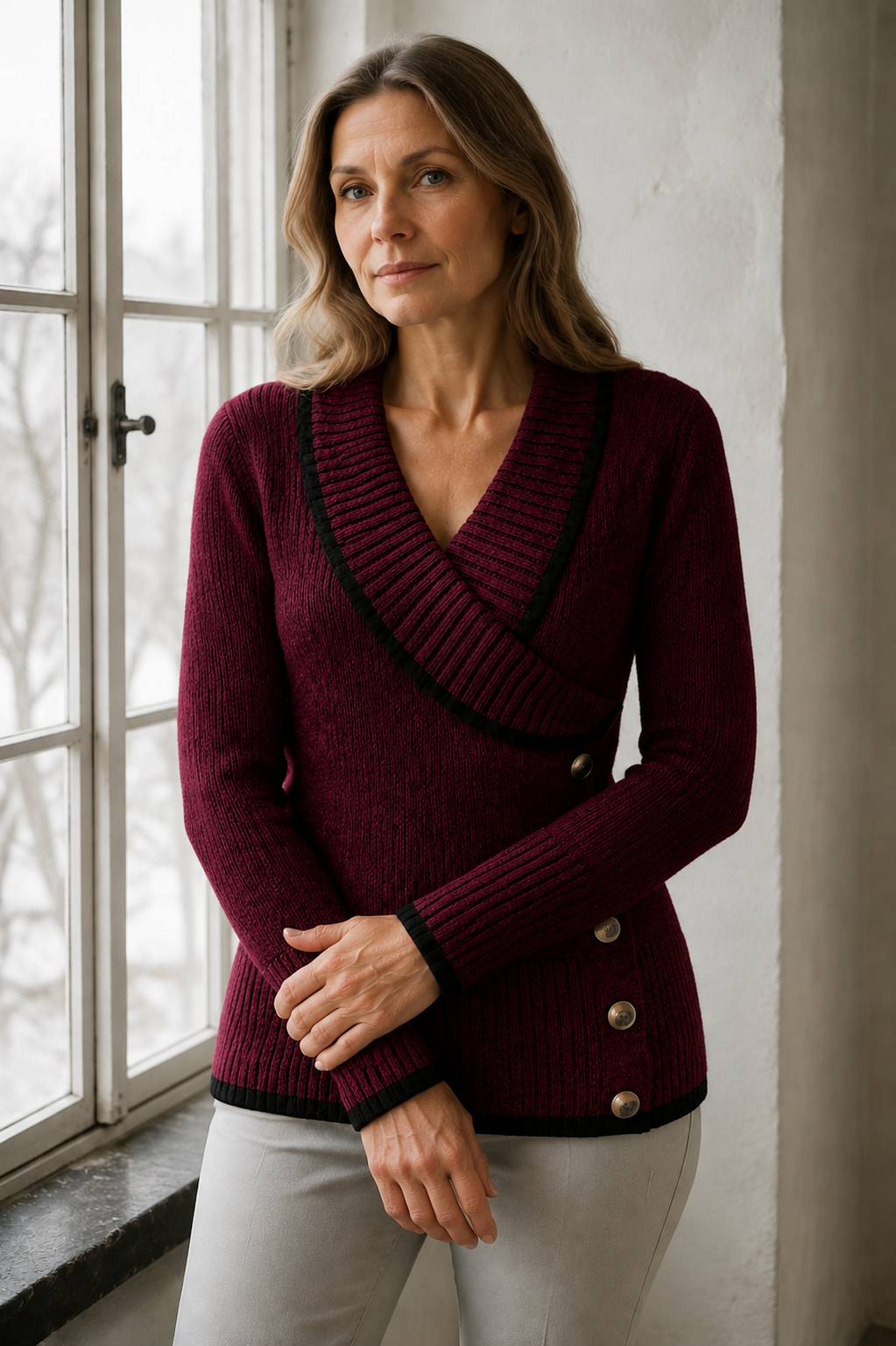 Marjorie | Colour Block V-Neck Sweater - Burgundy
