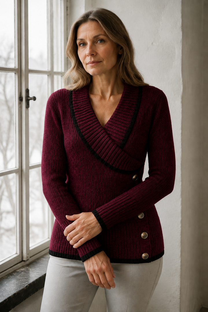 Marjorie | Colour Block V-Neck Sweater - Burgundy