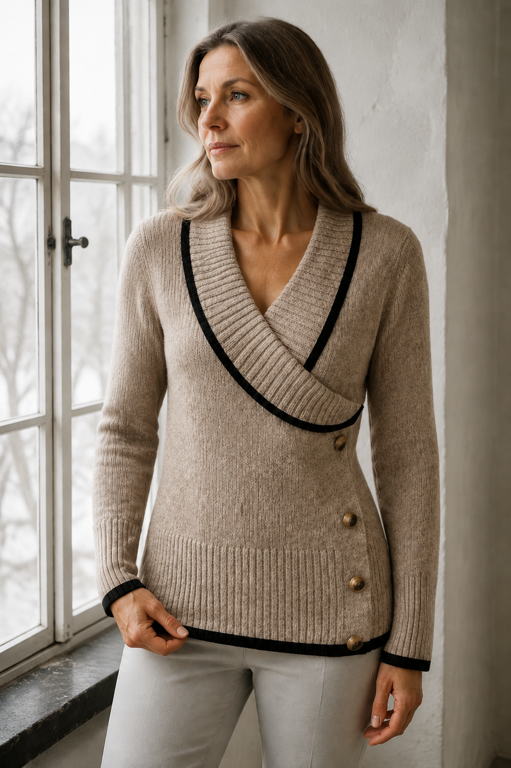 Marjorie | Colour Block V-Neck Sweater - Camel