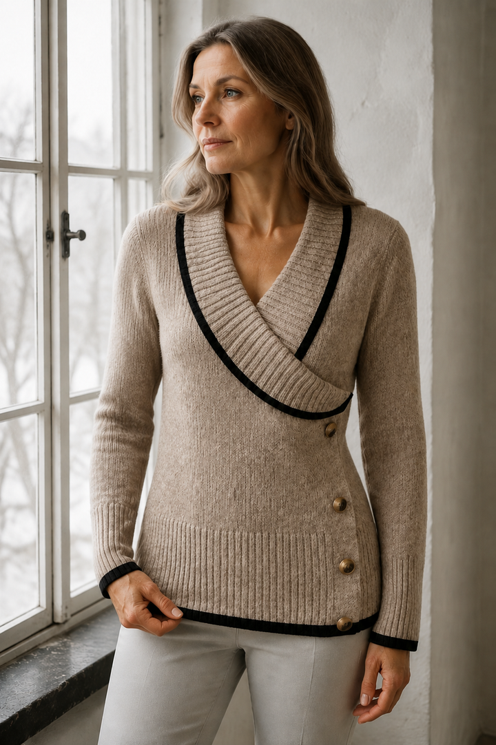 Marjorie | Colour Block V-Neck Sweater - Camel