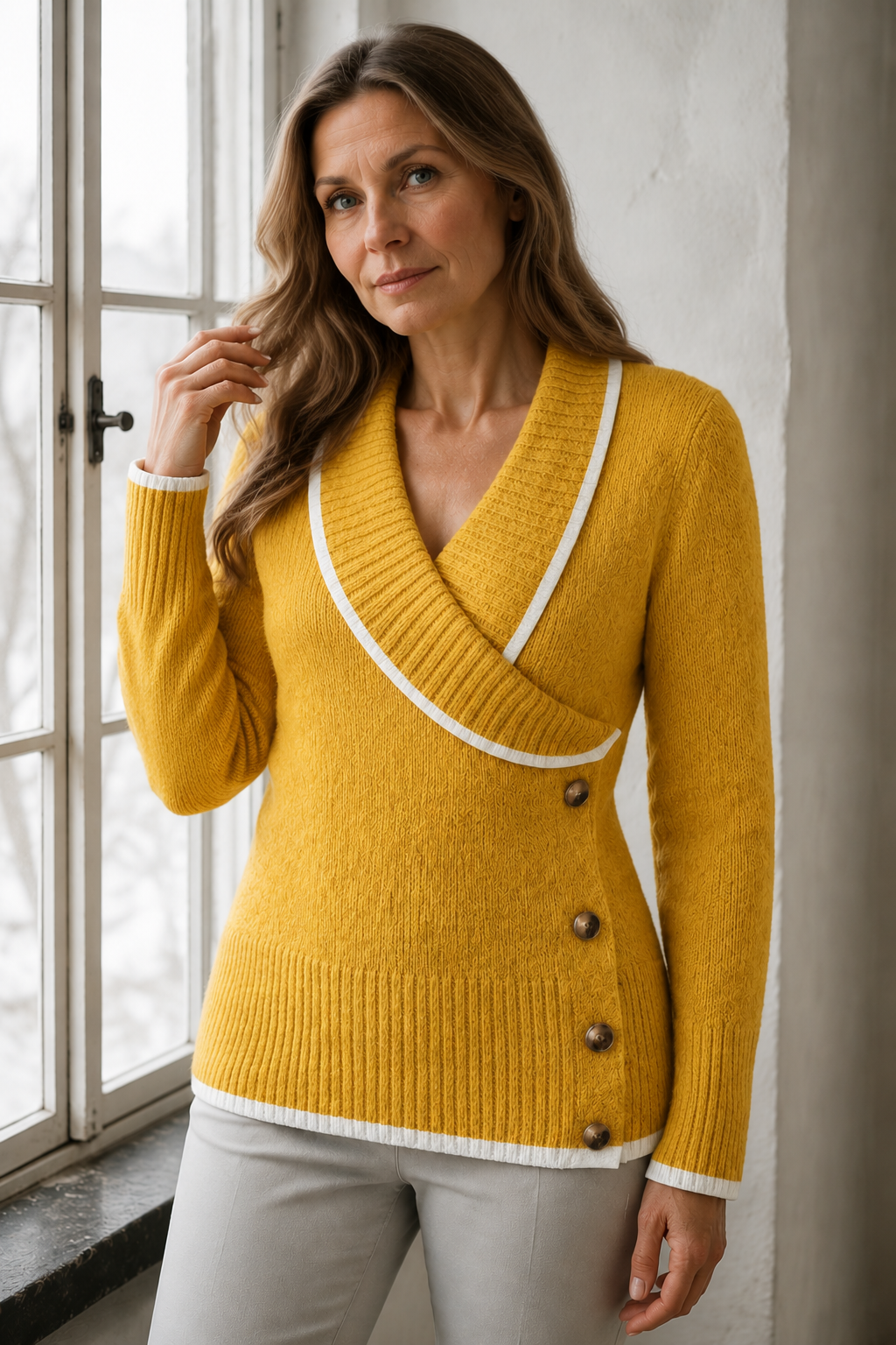 Marjorie | Colour Block V-Neck Sweater - Mustard