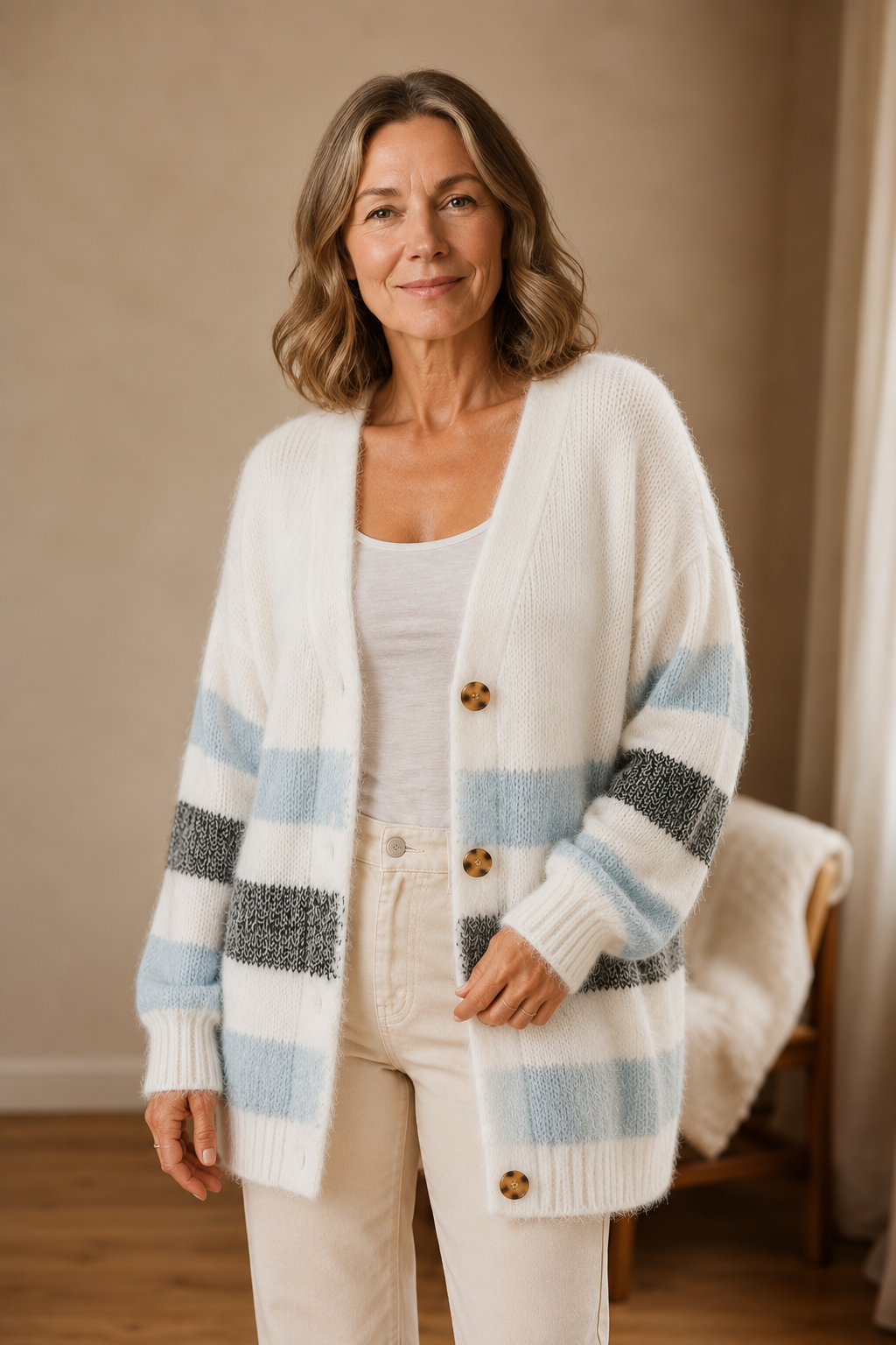 Maxine | Striped Drop Shoulder Cardigan - White and Blue