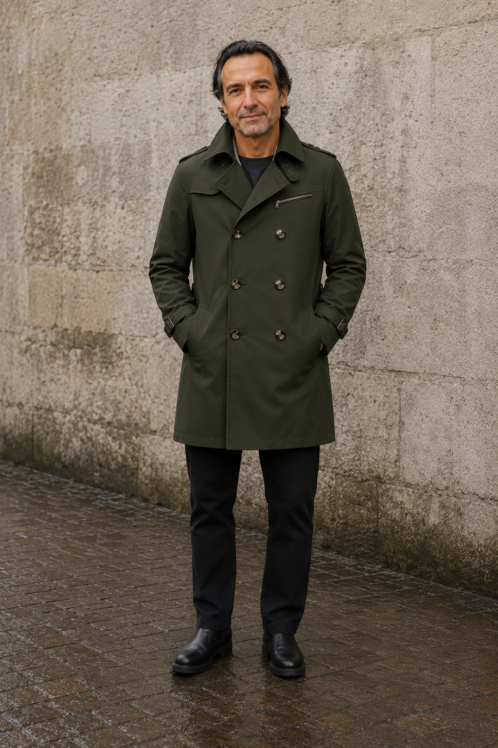 Men's Double Breasted Cotton Trench Coat - voorkant gesloten