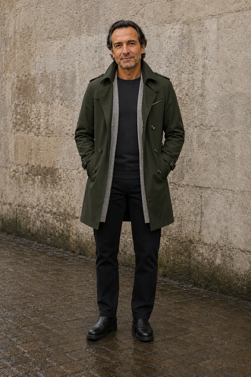 Men's Double Breasted Cotton Trench Coat - voorkant open