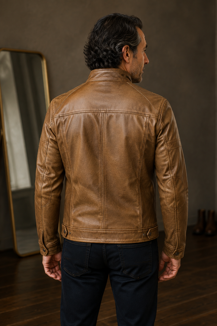 Men's Panelled Zip Front Biker Jacket - back view