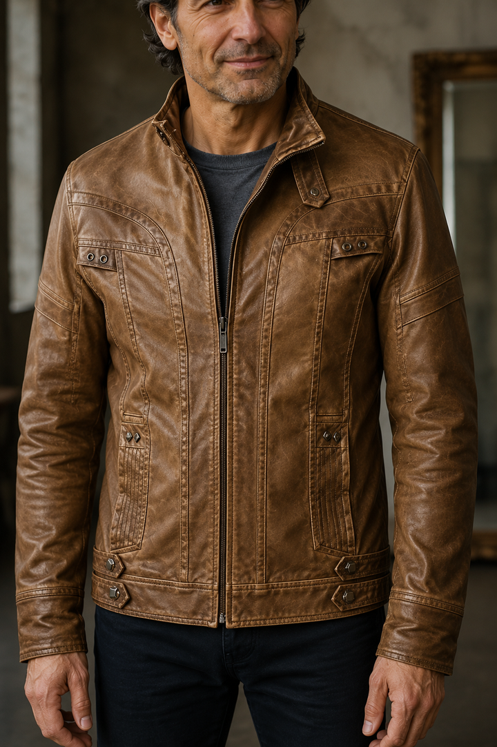 Men's Panelled Zip Front Biker Jacket - material close-up