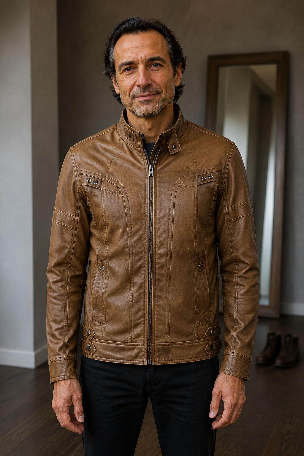 Men's Panelled Zip Front Biker Jacket - hero closed