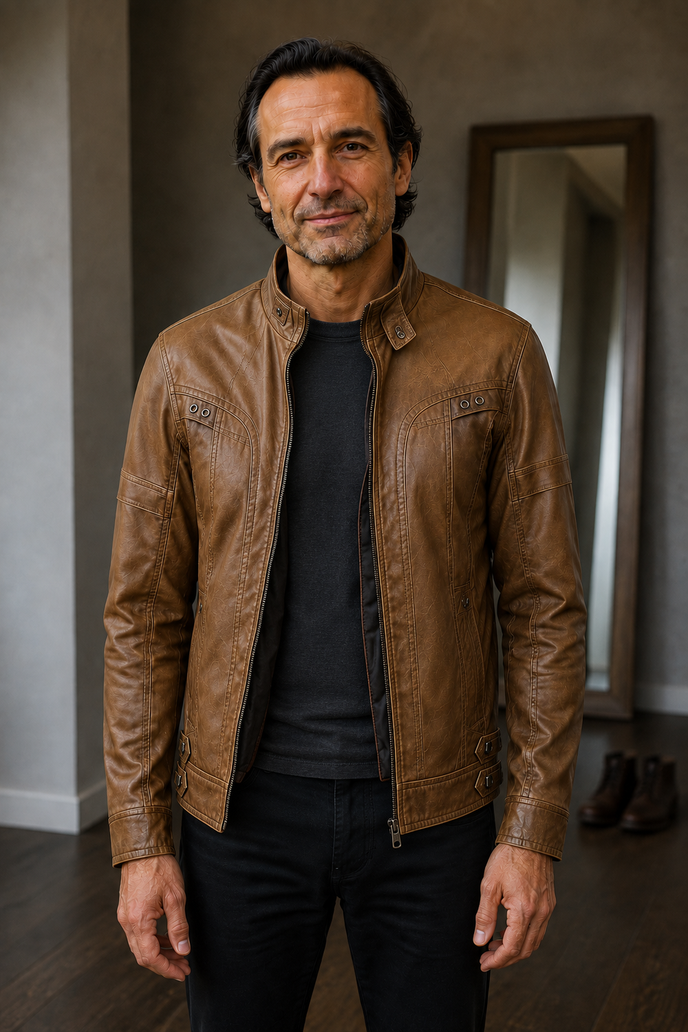 Men's Panelled Zip Front Biker Jacket - hero open