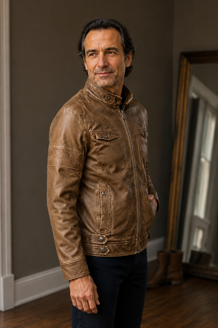Men's Panelled Zip Front Biker Jacket - side view