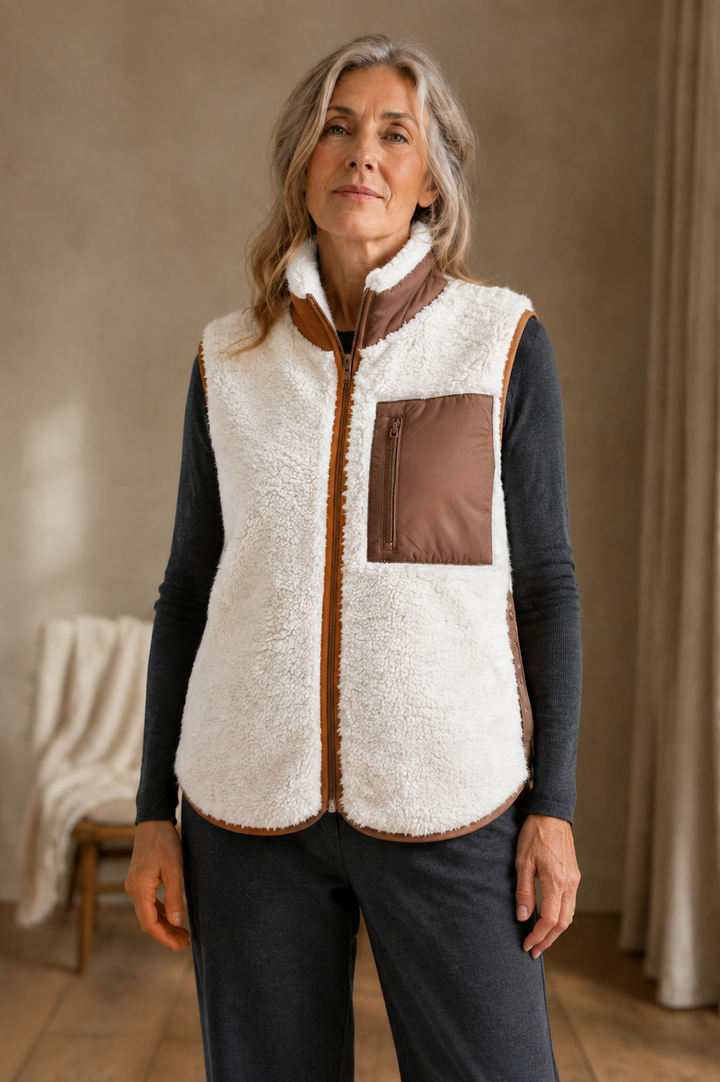 Merilda White reversible plush vest front hero