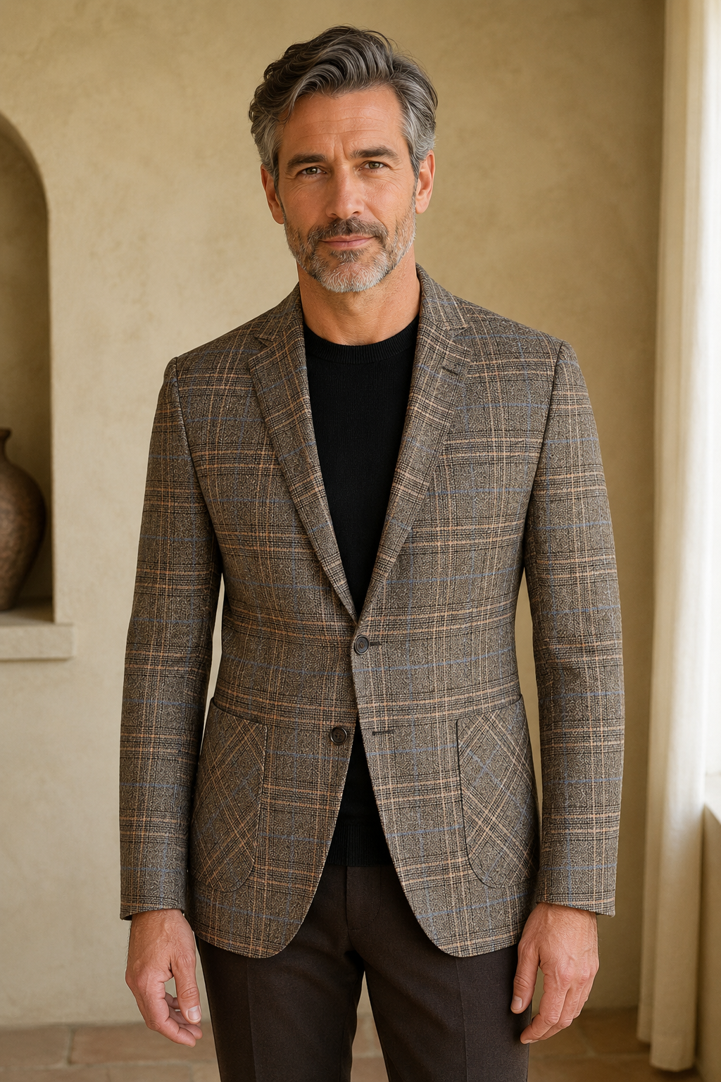 Brown checked blazer color hero, direct camera gaze
