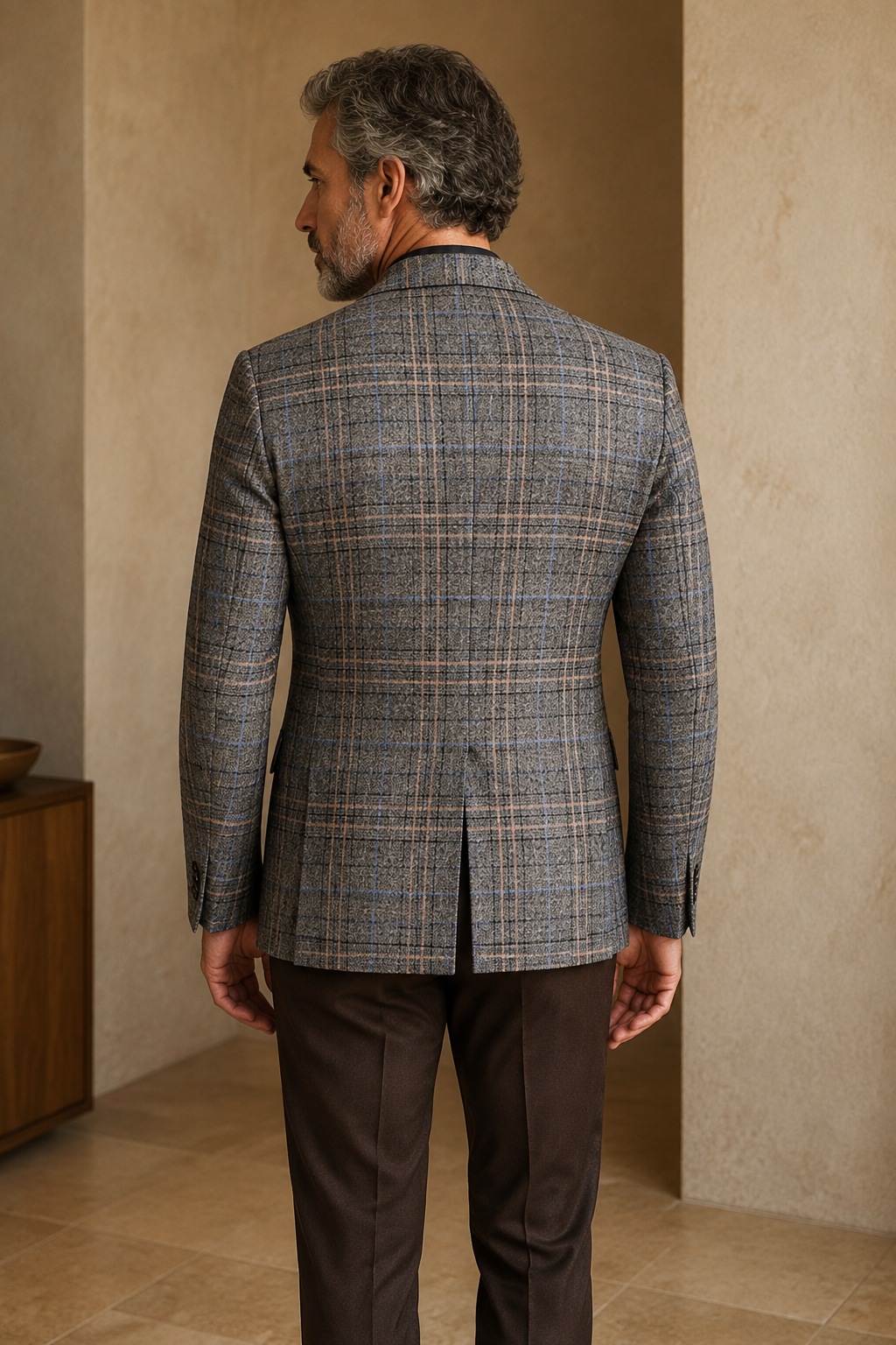 Dark gray checked blazer back view