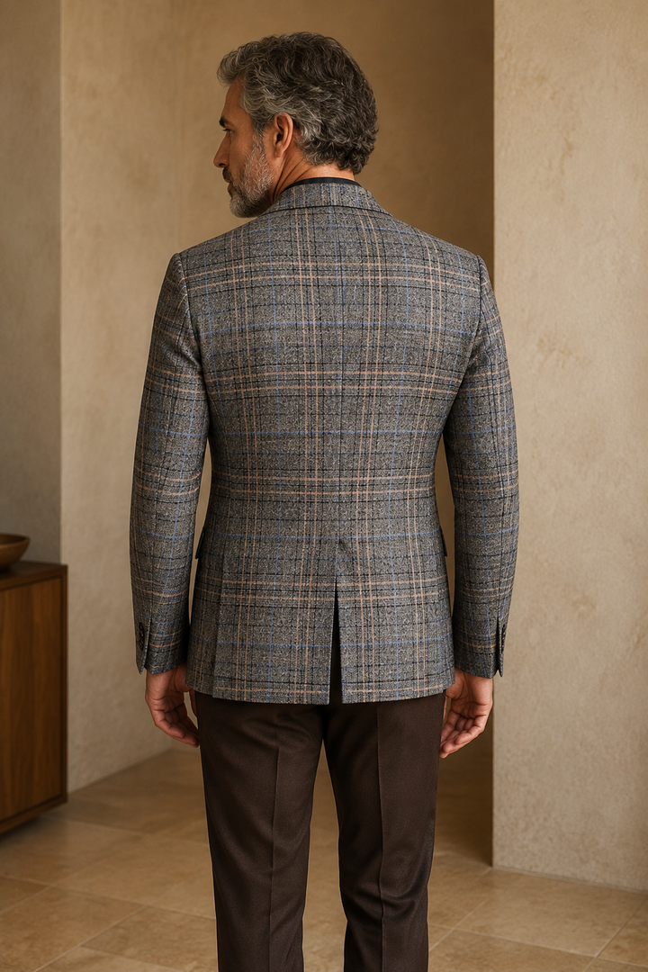 Dark gray checked blazer back view