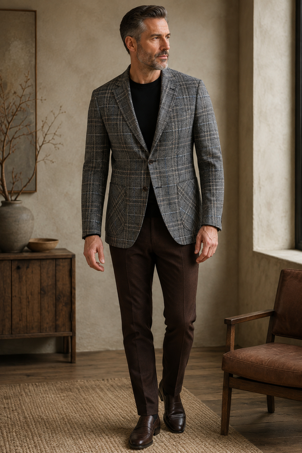 Dark gray checked blazer full-length front view