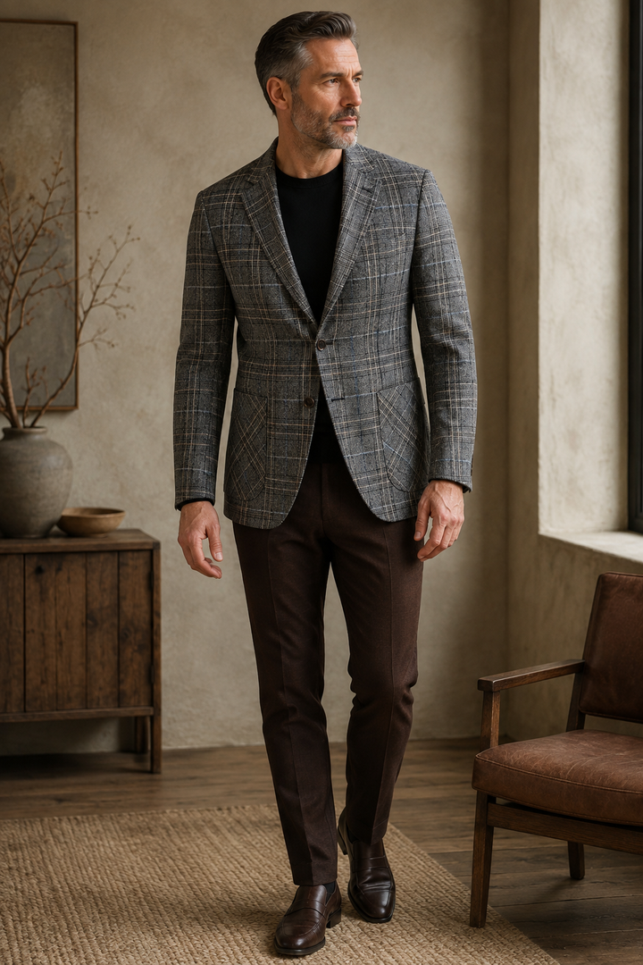 Dark gray checked blazer full-length front view