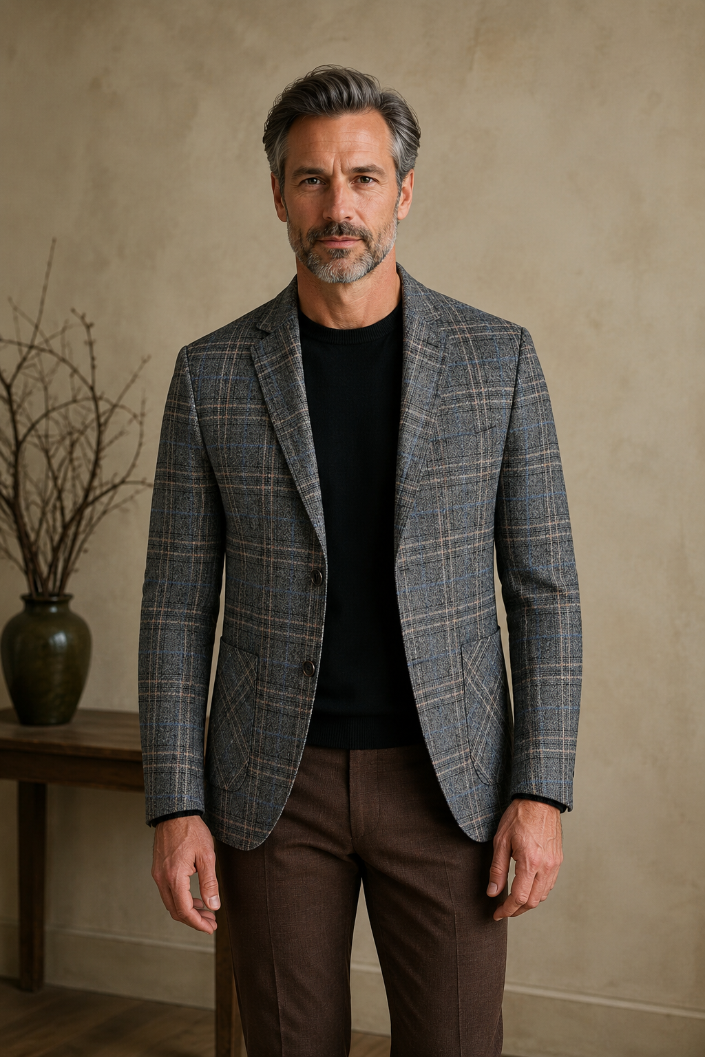 Dark gray checked blazer hero, direct camera gaze