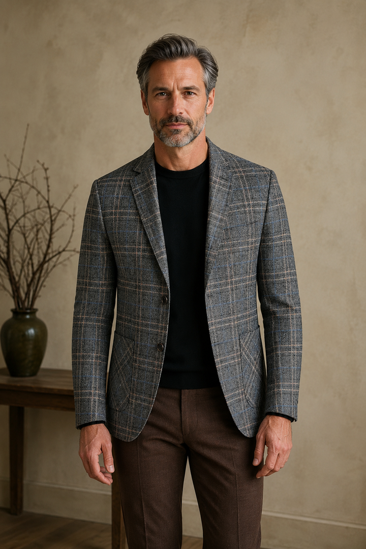 Dark gray checked blazer hero, direct camera gaze