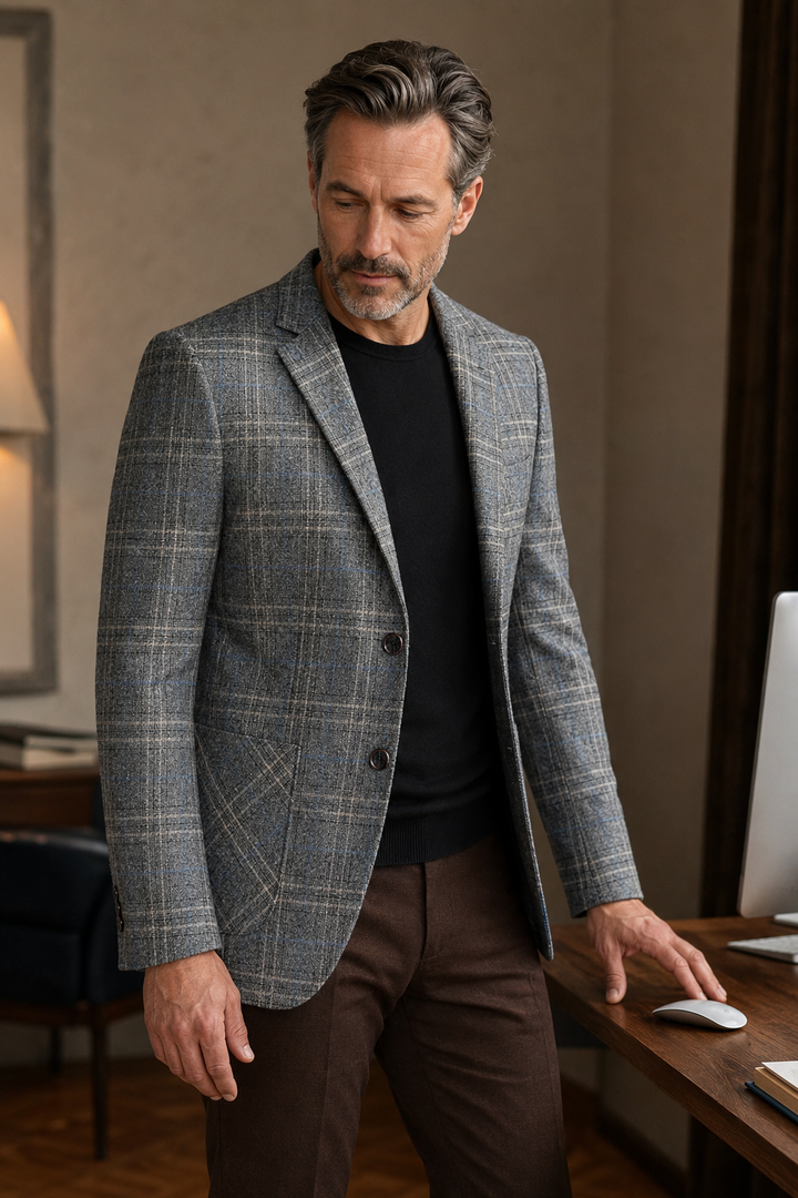 Dark gray checked blazer three-quarter side view
