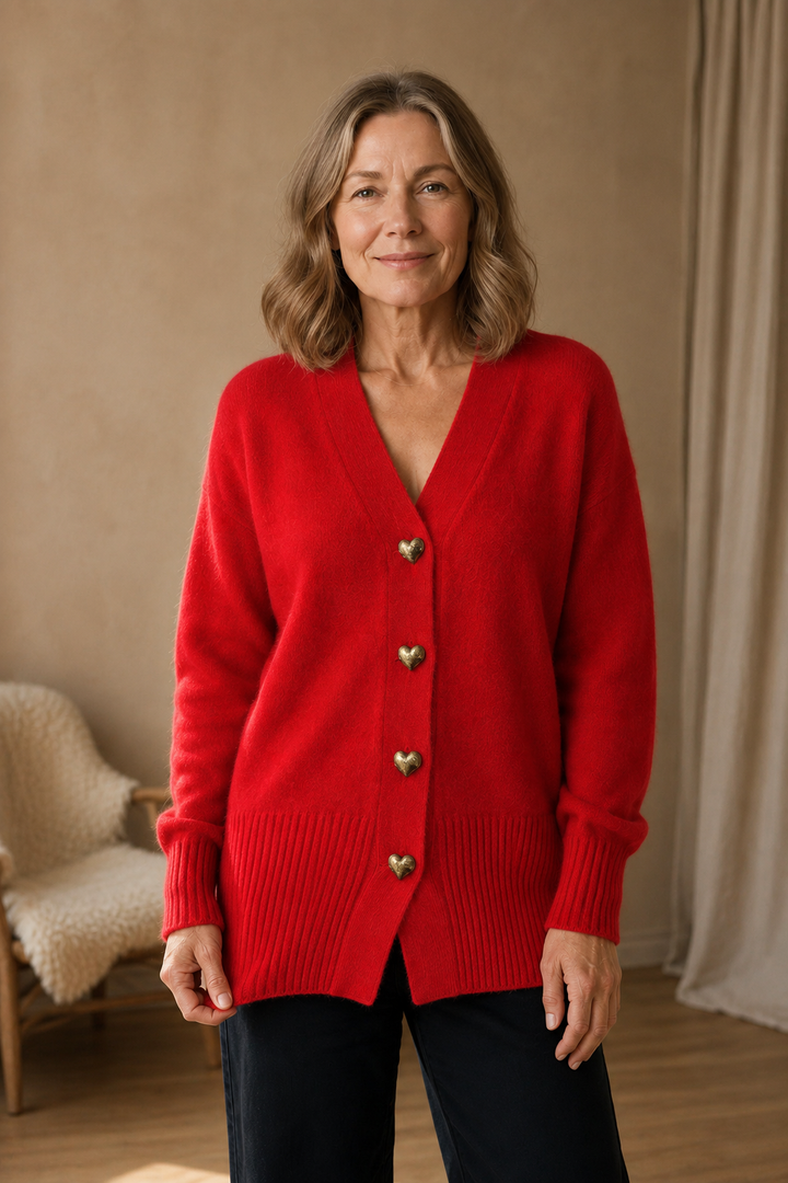 Michaela | Women's V-Neck Button-Front Cardigan - Red