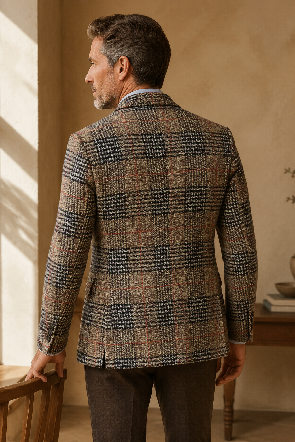 Brown plaid tweed blazer back view