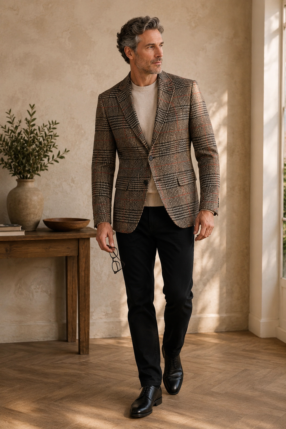 Brown plaid tweed blazer full-length front