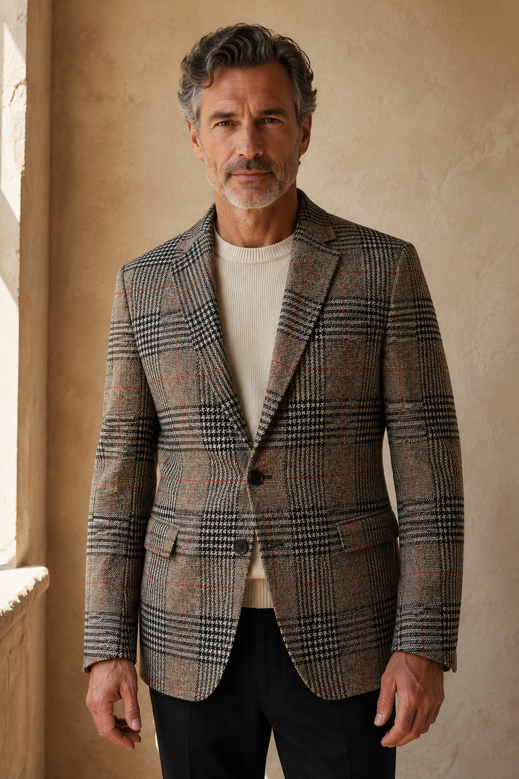 Brown plaid tweed blazer hero, direct camera gaze