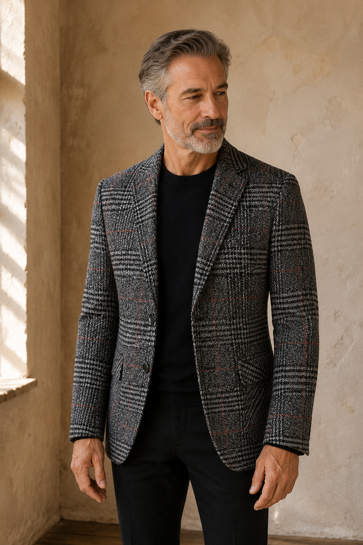Gray plaid tweed blazer color hero