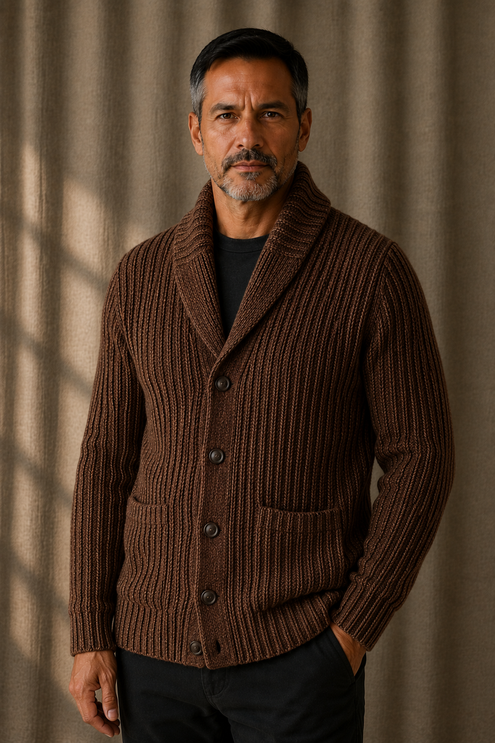 Chunky Cable Knit Shawl Cardigan - Brown