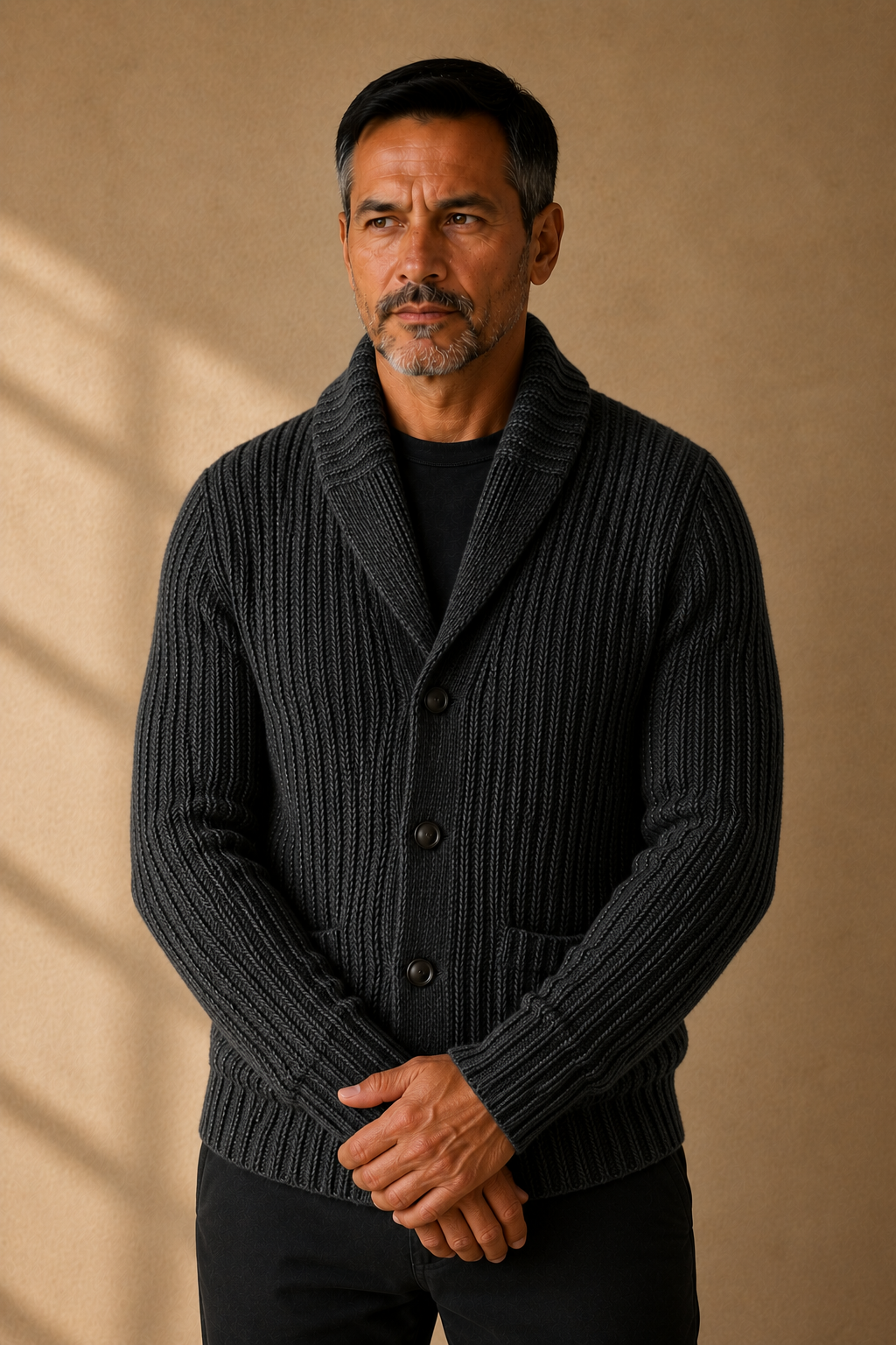 Chunky Cable Knit Shawl Cardigan - Dark Gray