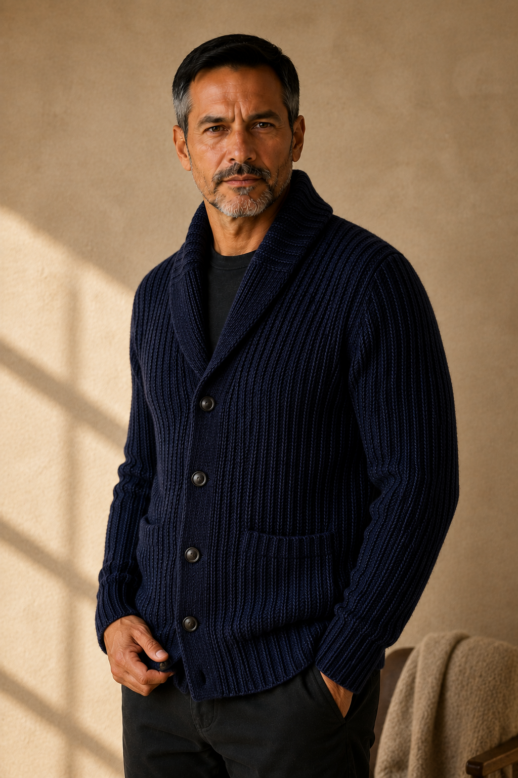 Chunky Cable Knit Shawl Cardigan - Navy Blue