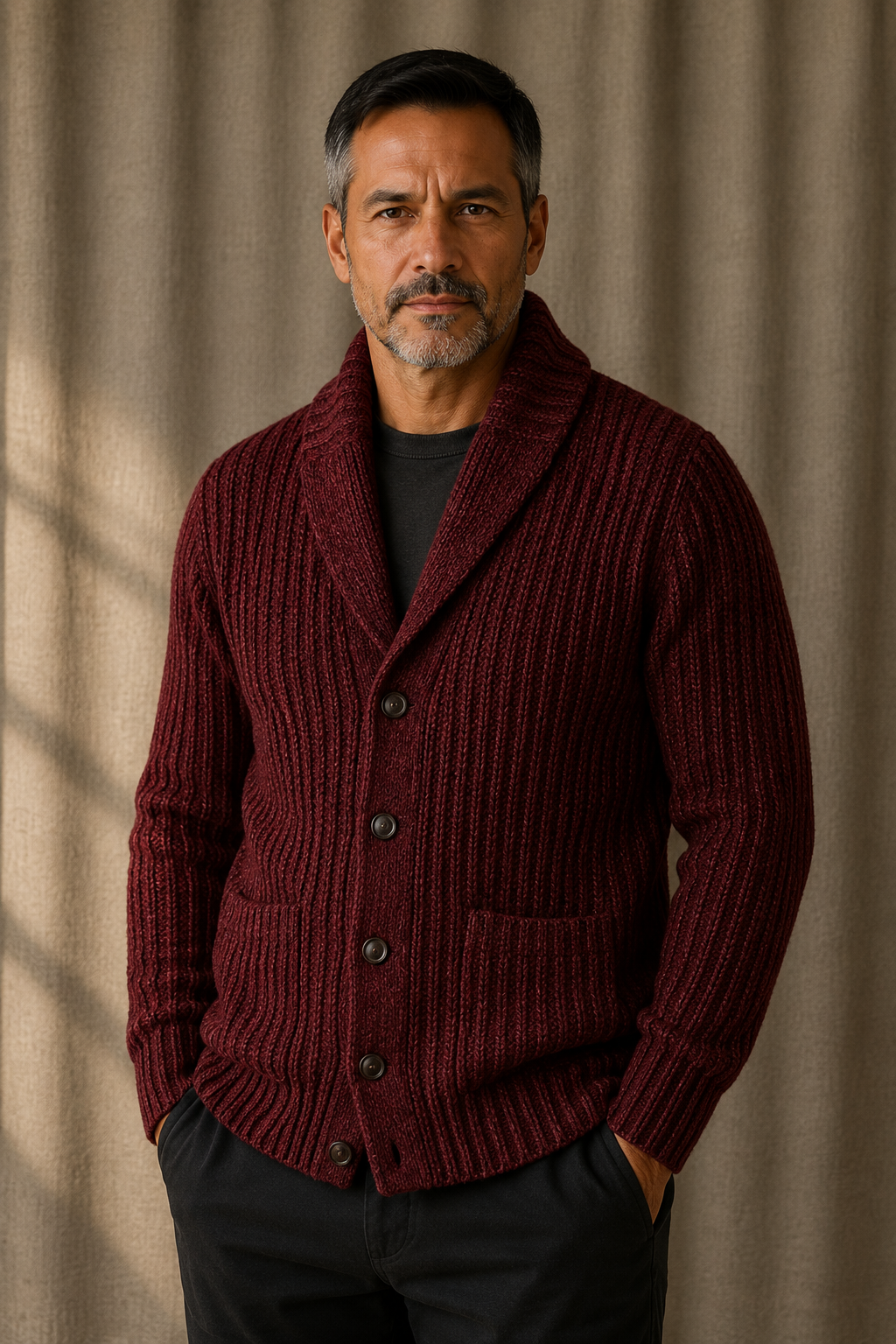 Chunky Cable Knit Shawl Cardigan - Red