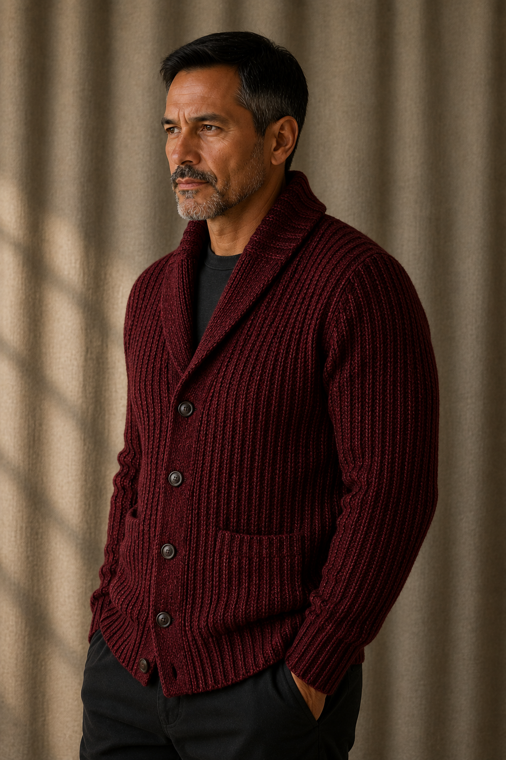 Chunky Cable Knit Shawl Cardigan - Red
