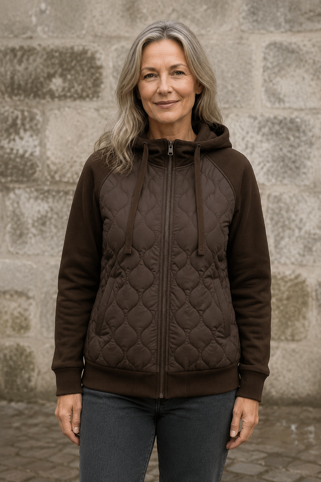 Natalie brown quilted hoodie jacket closed
